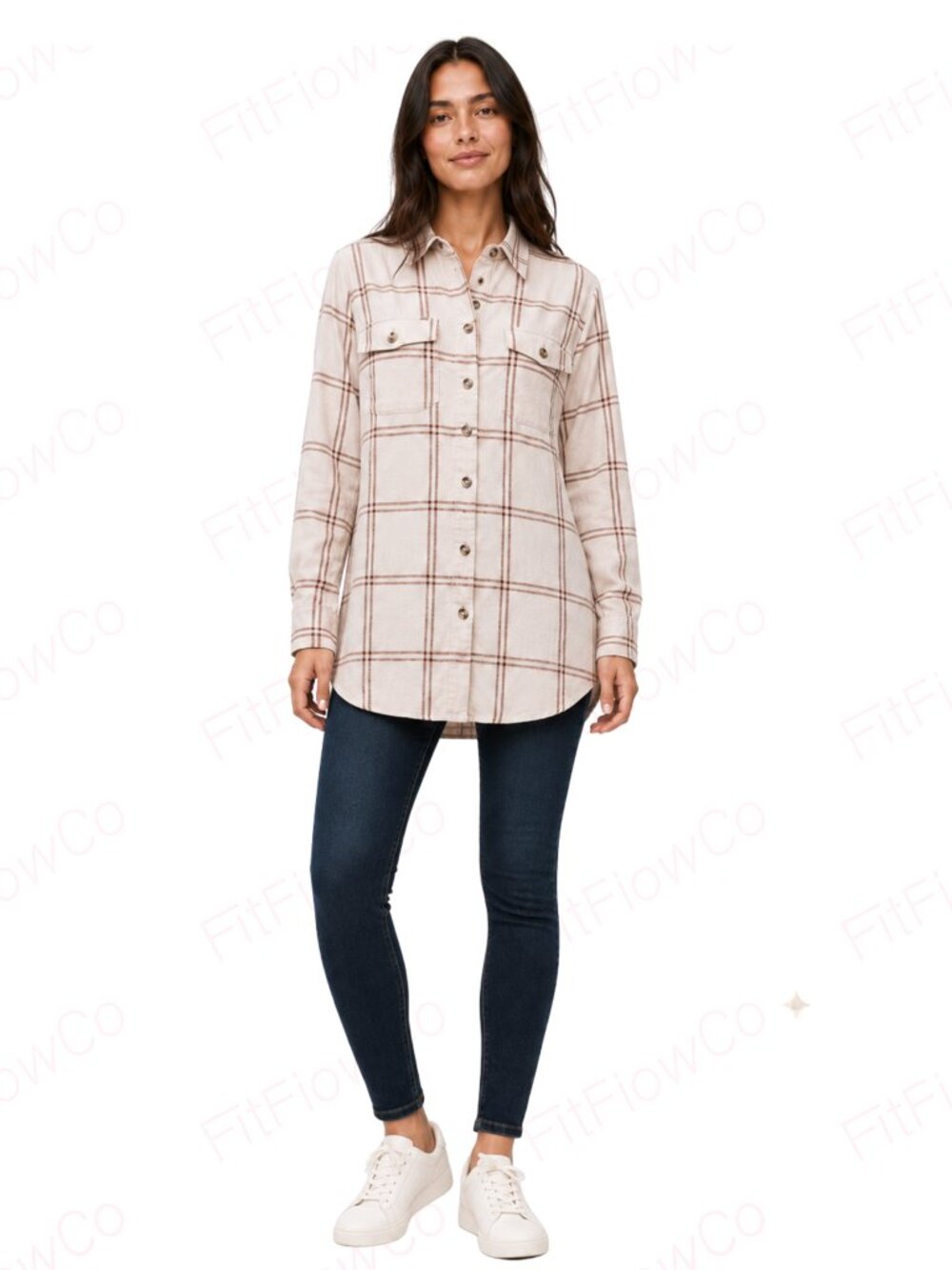 Universal Thread Plaid Flannel Shacket Women S Cream Brown Button Front Cotton